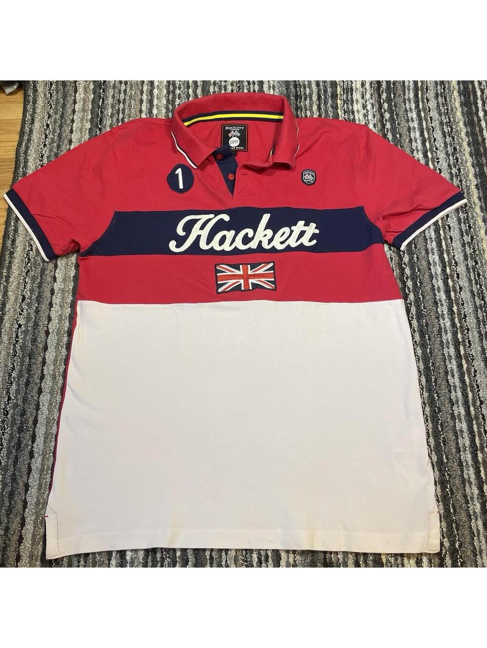Hackett London Mens Flag UK Racing Polo Shirt Size M Red White Short Sleeve